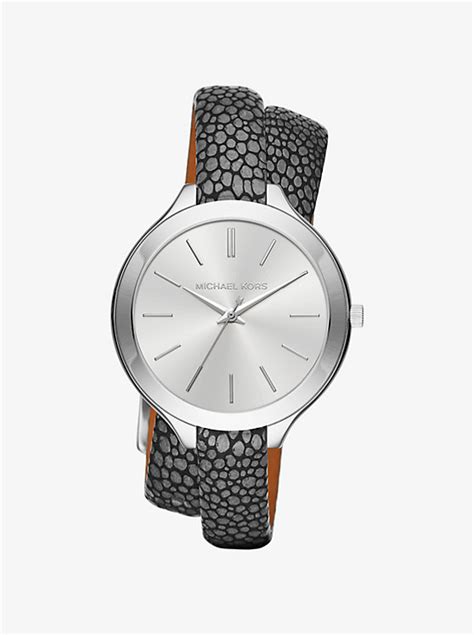 michael kors slim runway silver-tone and embossed-leather wrap watch